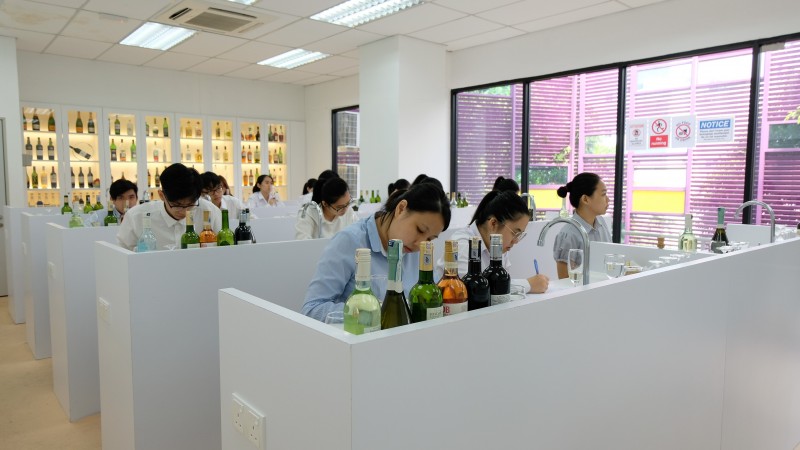酒店管理学学生在饮料实验室上课。
