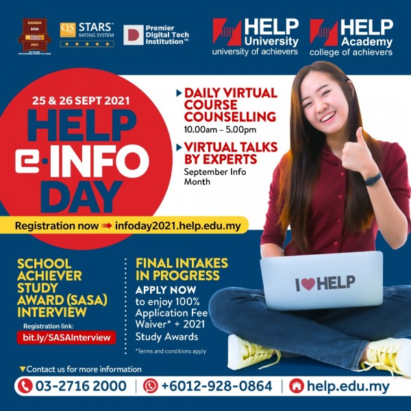 HELP Virtual INFO DAY,

Come meet our academics and alumni at our virtual info day! And get to know more about our programme and the life at HELP! 

Date: 25 & 26 SEPTEMBER 2021
Time: 10am to 5pm

Register now at:
https://infoday2021.help.edu.my/ 

see you there! HELP University - University of Achievers!